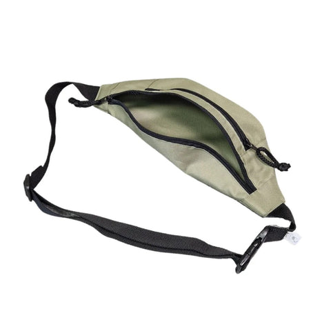 3. Close-up of Drinbags Classic Waist Bag in moss green with open compartments and black strap