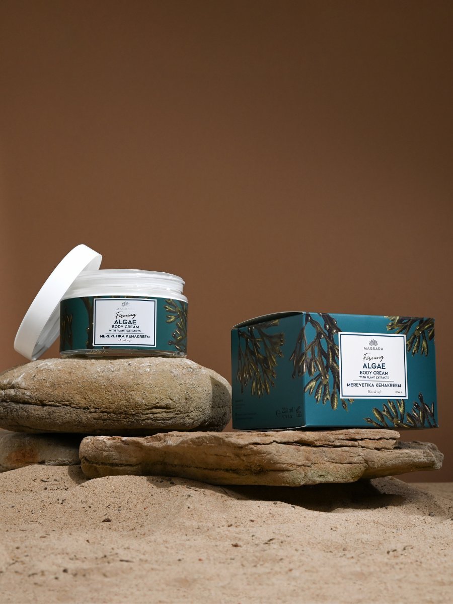 2. Magrada Organic Cosmetics Firming Algae Body Cream and box on natural stone setting