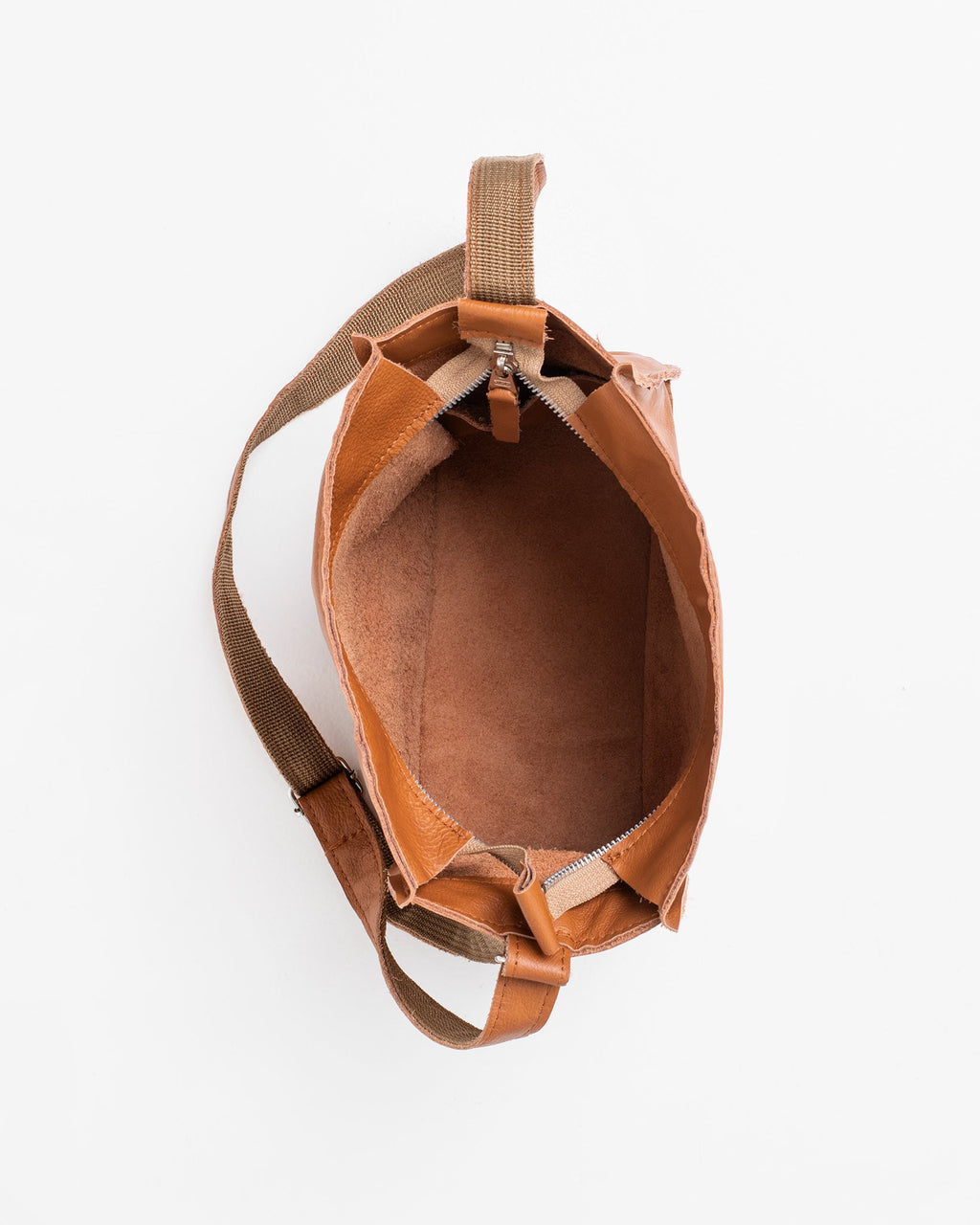 5. Top view of Trendbag Folk 1 shoulder bag in peanut, showing interior and strap detail