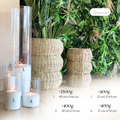 9. Display of Candledust powdered candles in various sizes, set against a natural backdrop with weight and dimensions