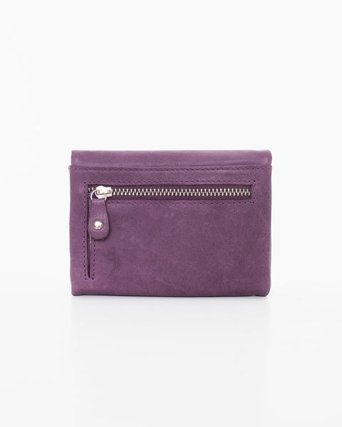 3. Back view of Nabo NK304 purple leather wallet highlighting zippered coin pocket