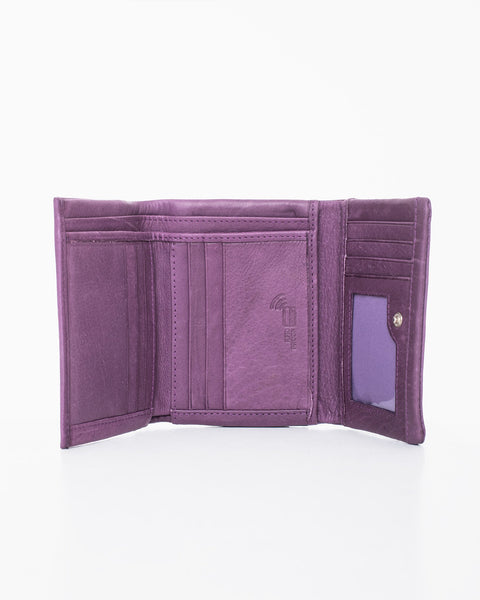 2. Interior view of Nabo NK304 purple leather wallet featuring 12 card slots and windowed slot