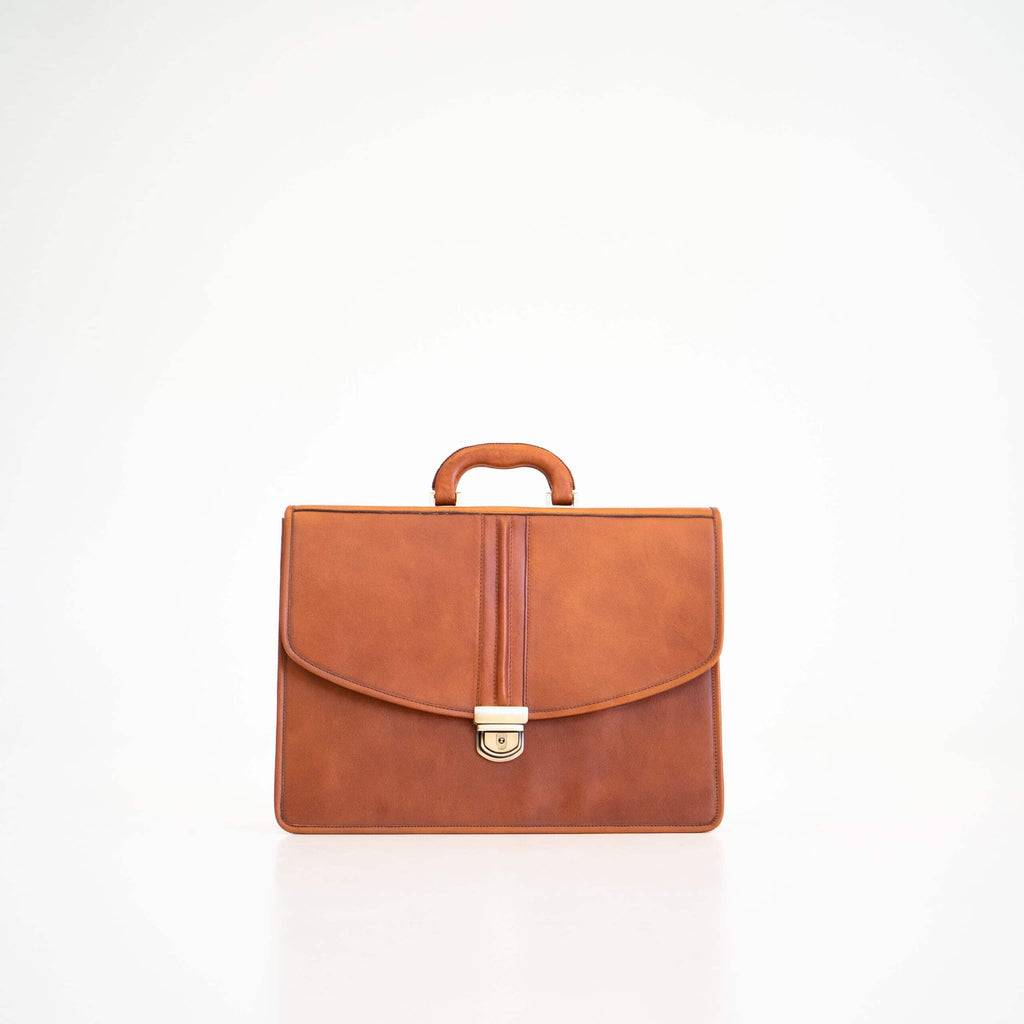 5. Front view of Papillon Leather Briefcase No. 99 in cognac, showcasing elegant craftsmanship