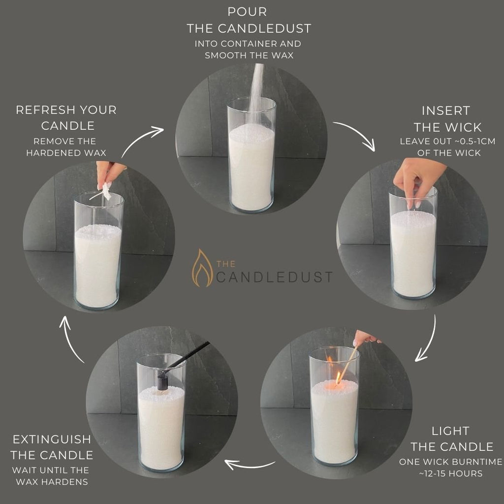 8. Size chart showing steps to use Candledust powder candle, including pouring, inserting wick, and lighting