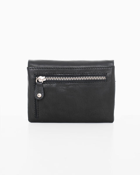 2. Nabo NK304 black leather wallet, back view highlighting zippered coin pocket and secure snap button