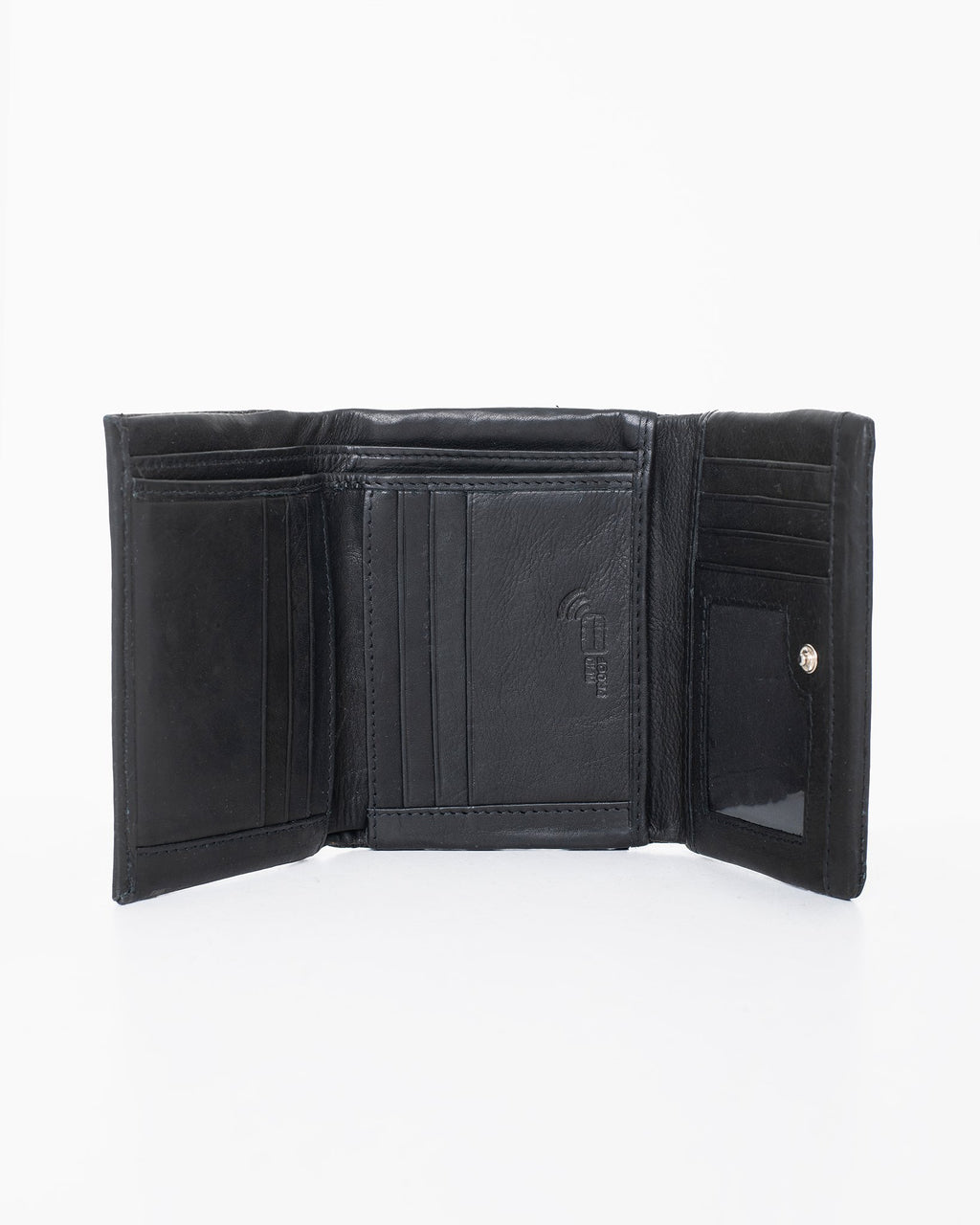 3. Interior view of Nabo NK304 black leather wallet, showing 12 card slots, bill compartments, and windowed slot