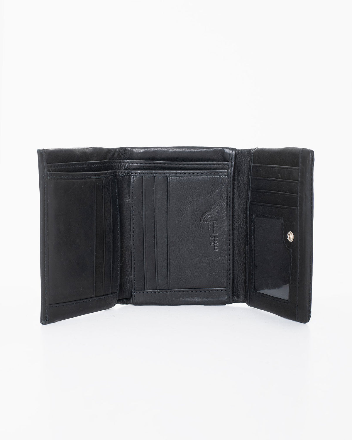 3. Interior view of Nabo NK304 black leather wallet, showing 12 card slots, bill compartments, and windowed slot