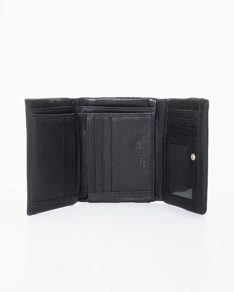 3. Interior view of Nabo NK304 black leather wallet, showing 12 card slots, bill compartments, and windowed slot