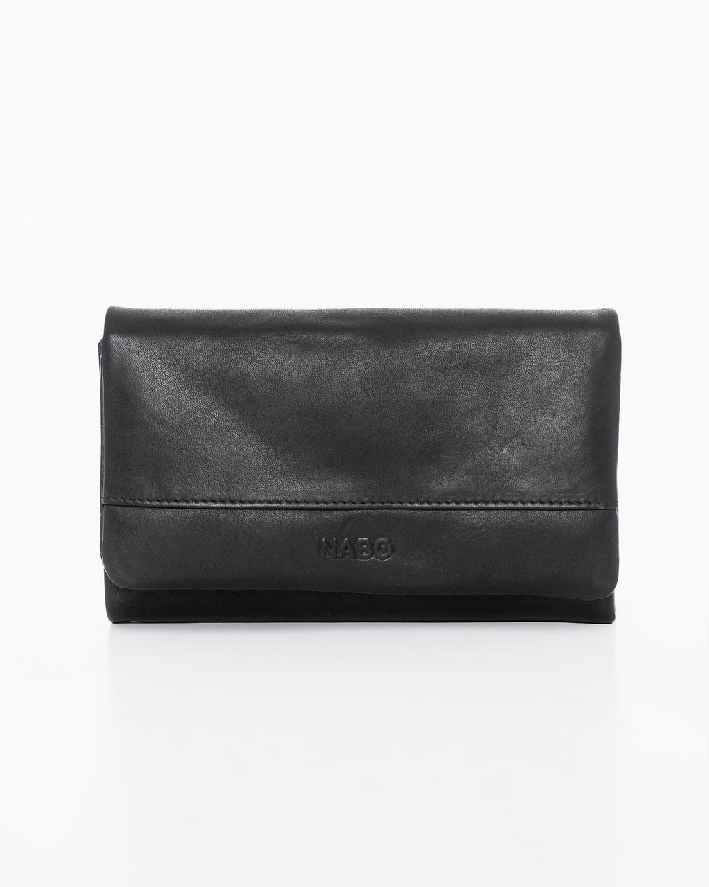 2. Front view of Nabo NK305 black leather wallet with embossed logo and snap button closure