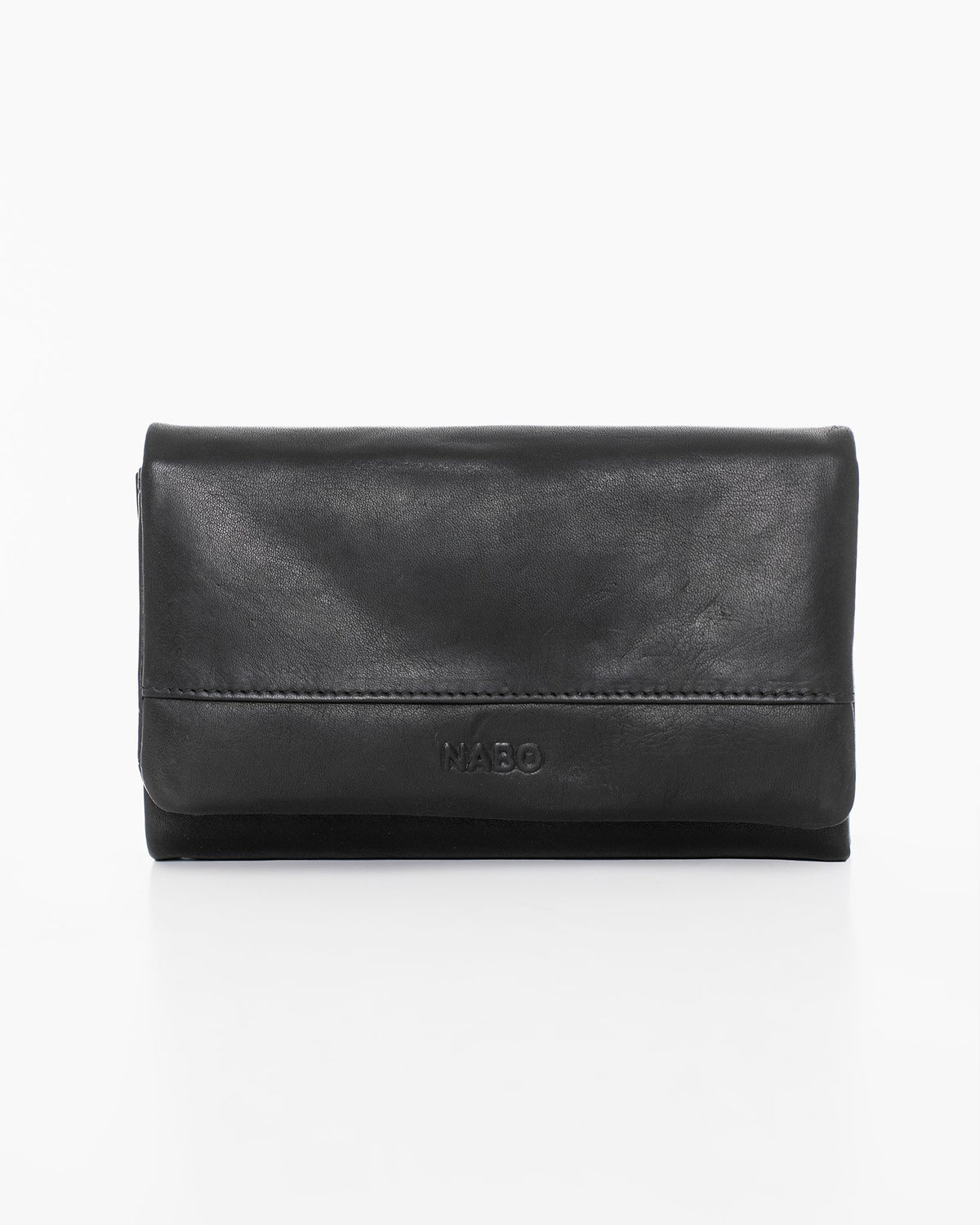 2. Front view of Nabo NK305 black leather wallet with embossed logo and snap button closure