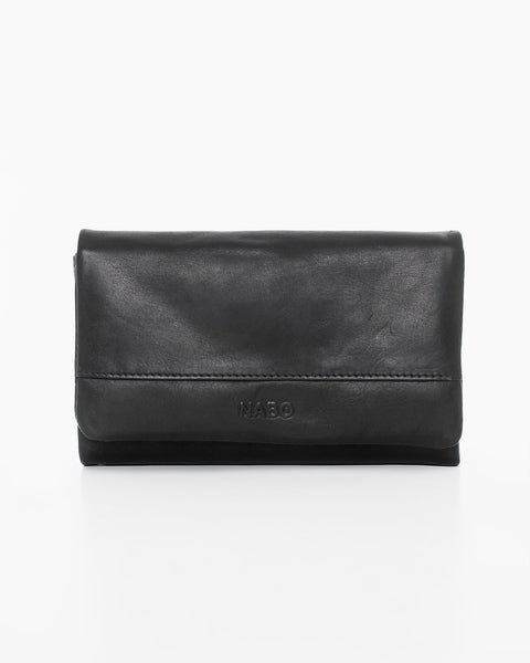 2. Front view of Nabo NK305 black leather wallet with embossed logo and snap button closure