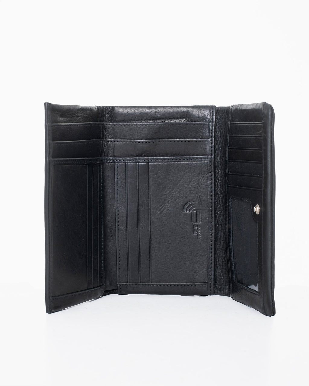 1. Open view of Nabo NK305 black leather wallet showing RFID-blocking card slots and compartments