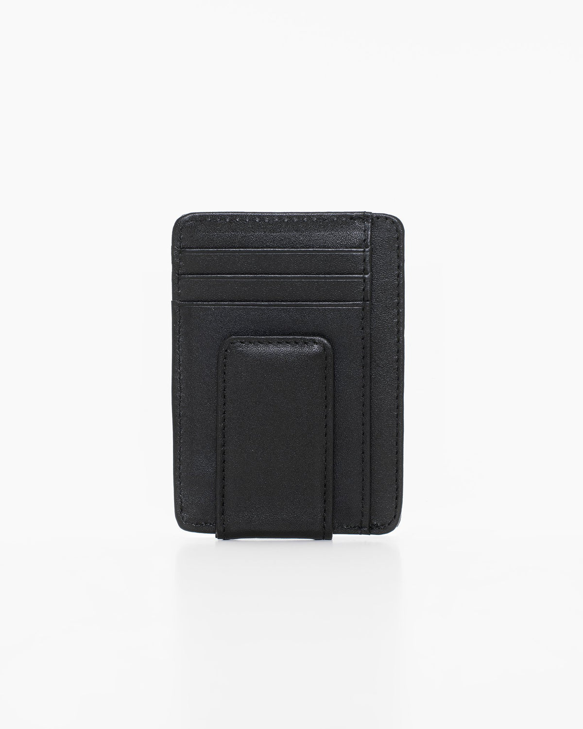1. Nabo NK322 black leather card holder with RFID-blocking, front view showing magnetic clip and card slots