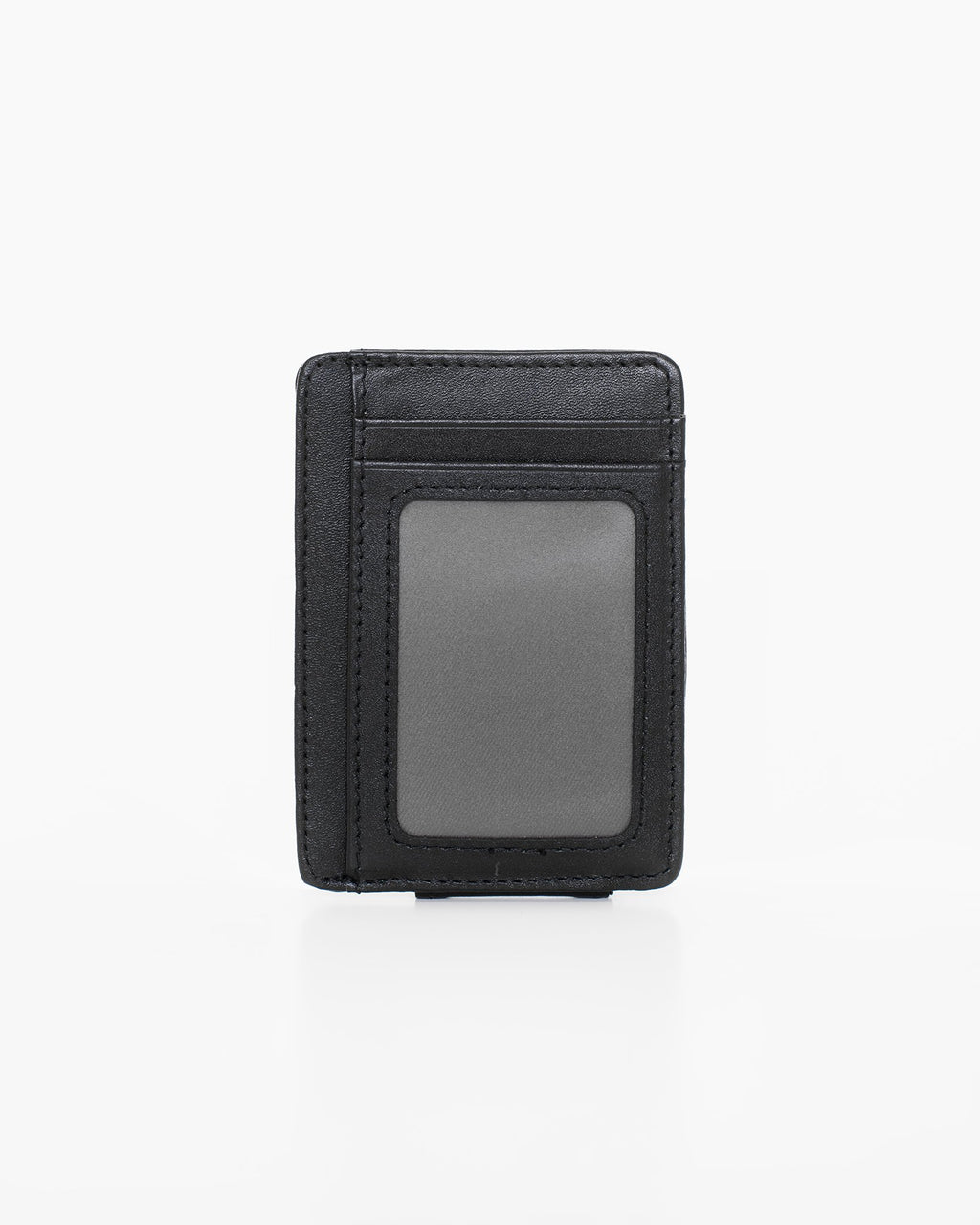 2. Nabo NK322 black leather card holder, back view highlighting transparent card slot for easy access