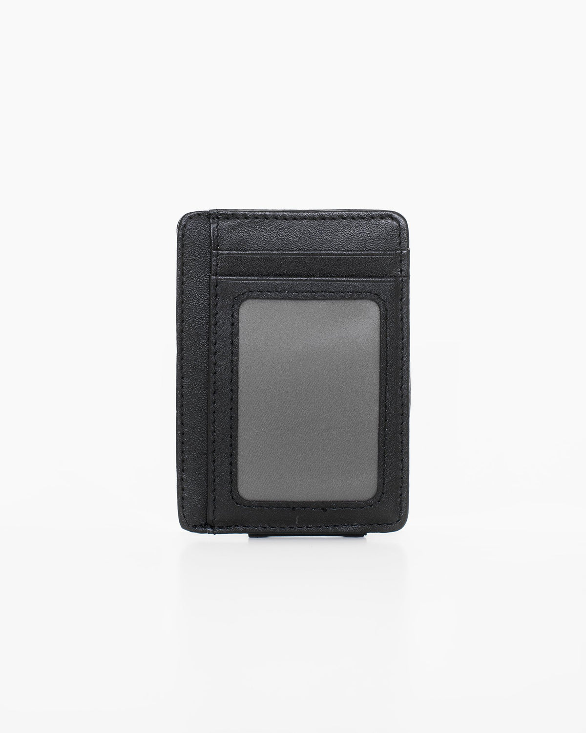 2. Nabo NK322 black leather card holder, back view highlighting transparent card slot for easy access