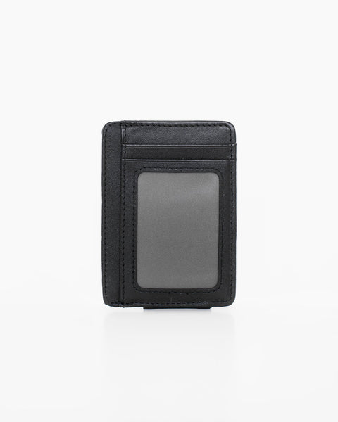2. Nabo NK322 black leather card holder, back view highlighting transparent card slot for easy access