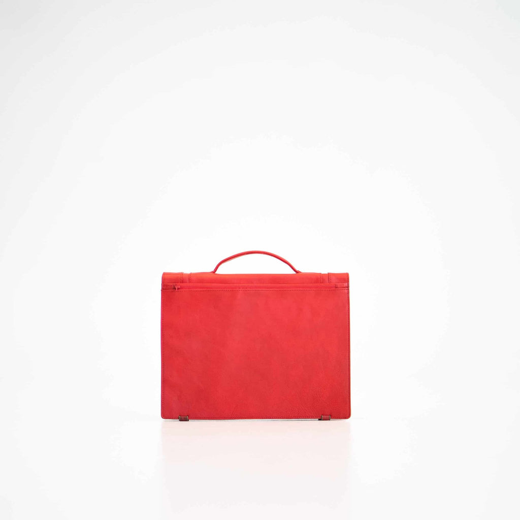 2. Back view of Papillon Briefcase No. 21 in red leather, studio shot