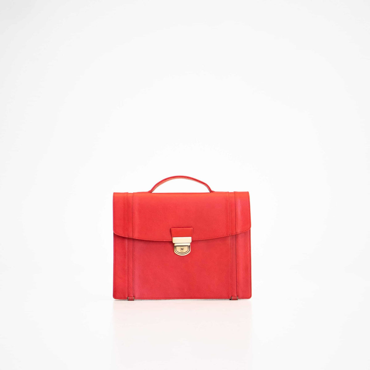 4. Front view of Papillon Briefcase No. 21 in red leather, highlighting clasp detail