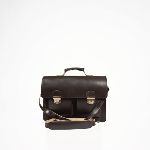 1. Papillon Briefcase No. 35 in dark brown leather with adjustable shoulder strap, shown in studio setting