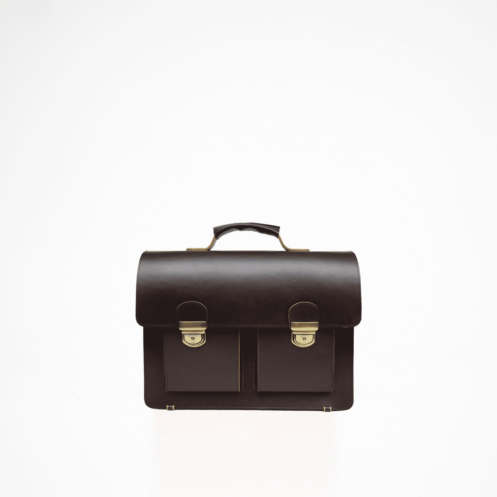 2. Front view of Papillon Briefcase No. 35 in dark brown leather, featuring dual front pockets