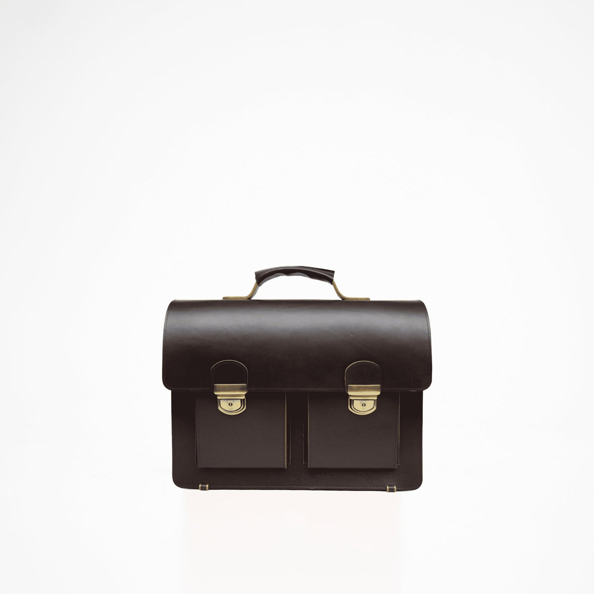 2. Front view of Papillon Briefcase No. 35 in dark brown leather, featuring dual front pockets