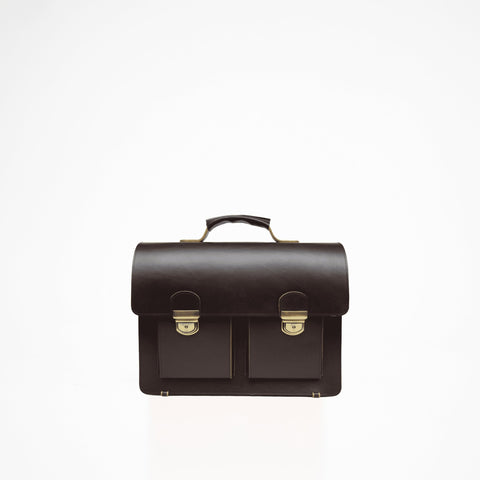 2. Front view of Papillon Briefcase No. 35 in dark brown leather, featuring dual front pockets
