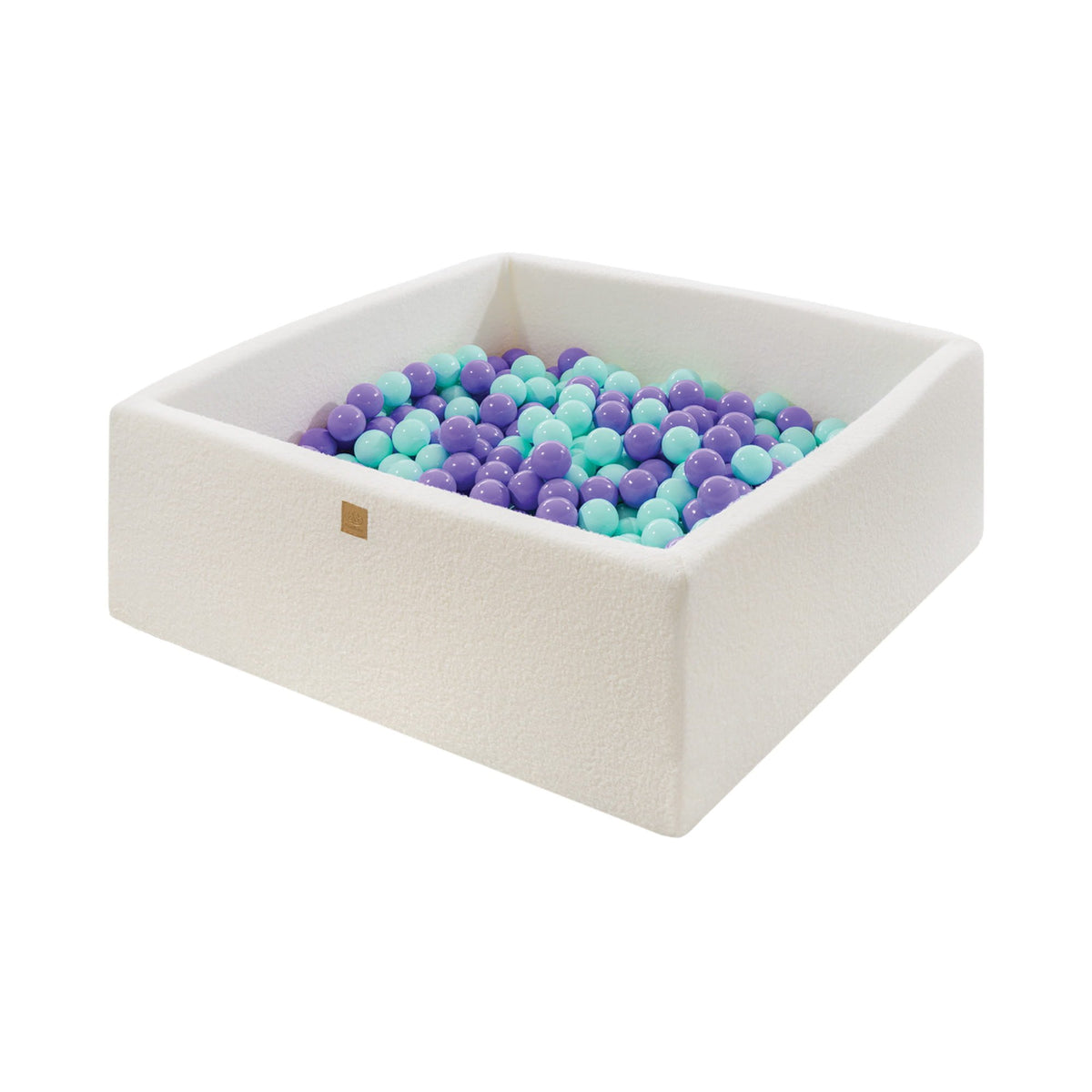 1. MeowBaby white boucle square ball pit filled with purple and mint balls, designed for toddlers, shown in a clean studio setting