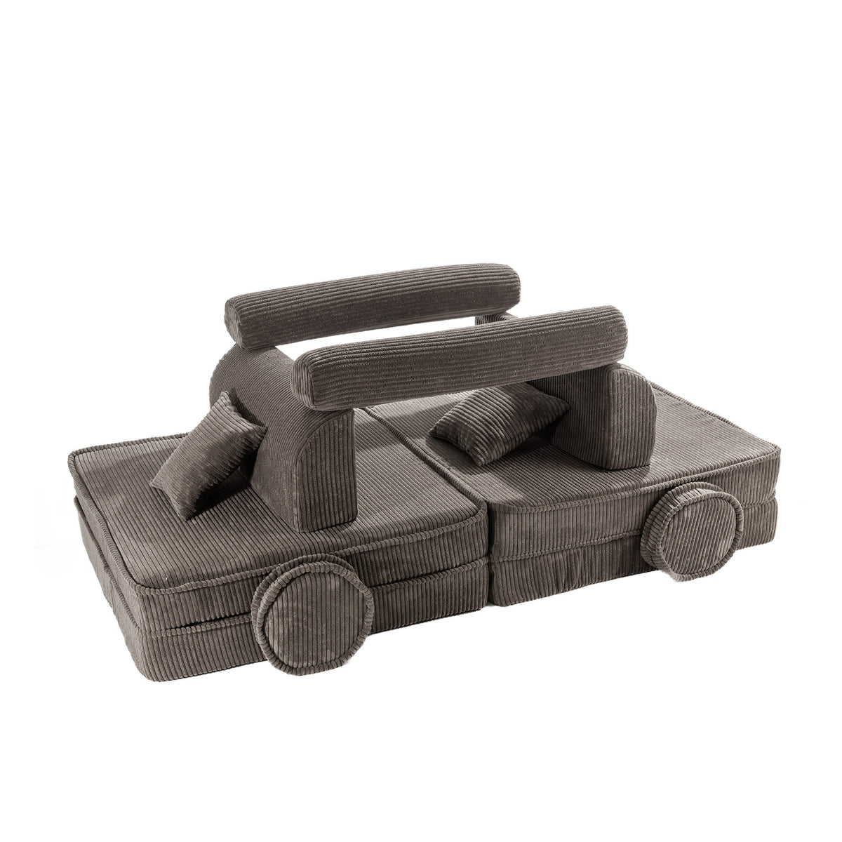 3. Brown corduroy modular sofa pieces arranged in a creative structure resembling a car