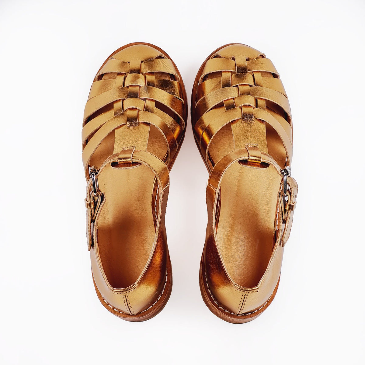 4. Golden leather fisherman sandals by Daz Studio, top view highlighting woven design