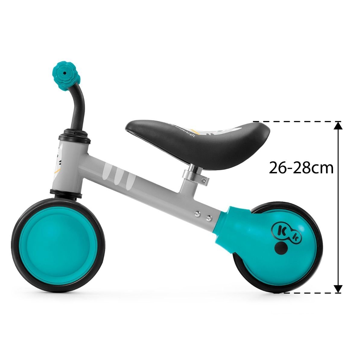 4. Side view of Kinderkraft CUTIE balance bike with adjustable seat height marked 26-28 cm