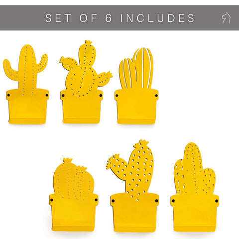 4. Set of six yellow cactus-shaped metal hangers, each with a unique design