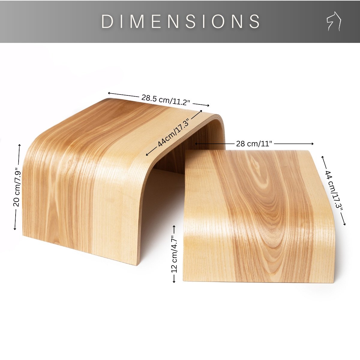 7. Size chart for wooden step stool showing dimensions in centimeters and inches