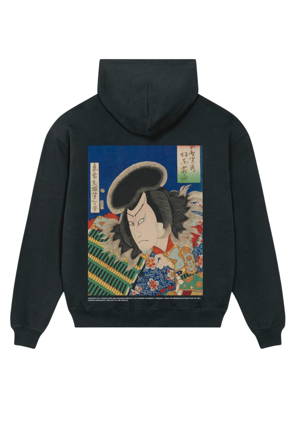 1. Hopera heavy-weight premium hoodie featuring 'Portrait of a Cross-Eyed Man' artwork on back, shown in studio