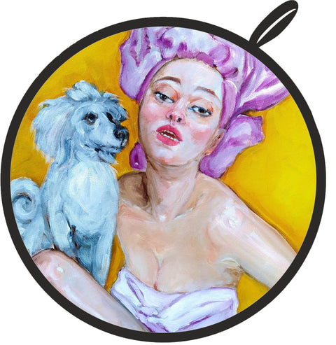 1. Round pot holder featuring a woman with a purple headscarf and a white dog against a yellow background, showcasing Katrin Valgemäe's pop art style