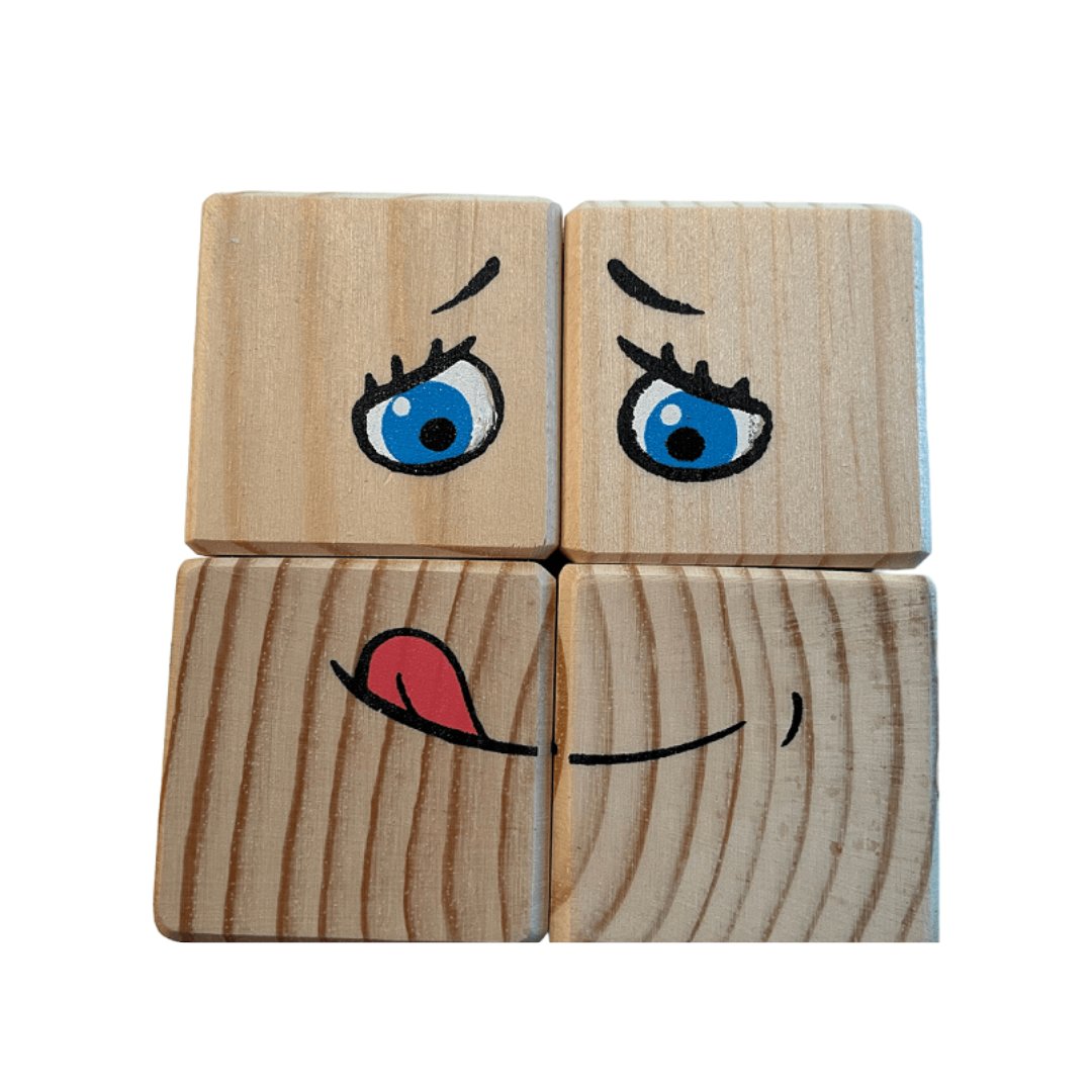 2. Four pinewood blocks creating a playful face with blue eyes and a tongue out, from ROOSI Traditional Toys' Special Expressions Blocks for Kids