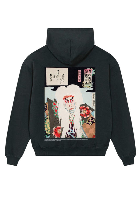 1. Hopera black hoodie featuring Toyohara Kunichika's 'Spirit of a Lion Mask' artwork on the back, showcasing Japanese folklore in a wearable art form