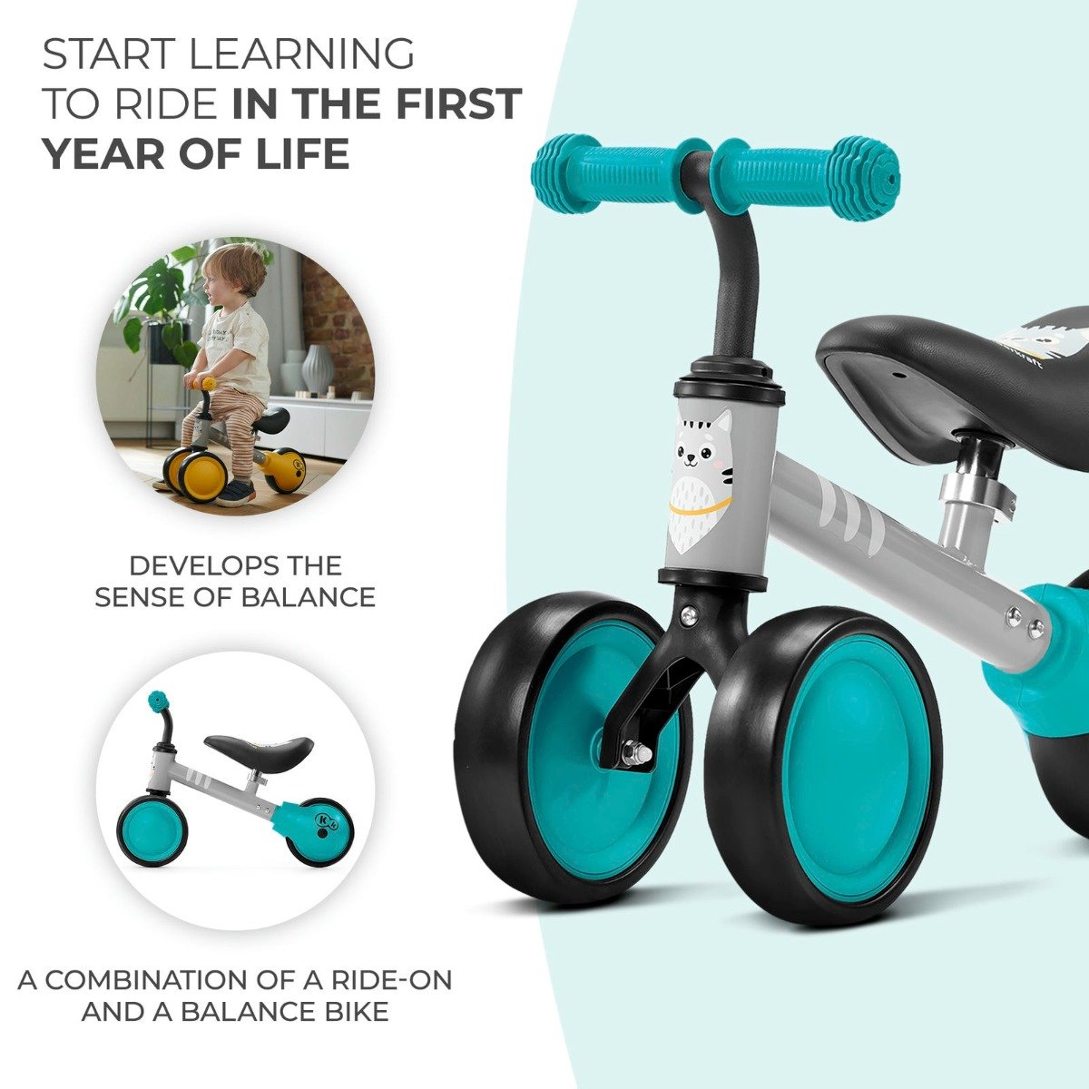 1. Kinderkraft CUTIE balance bike in turquoise with features for developing balance in young children