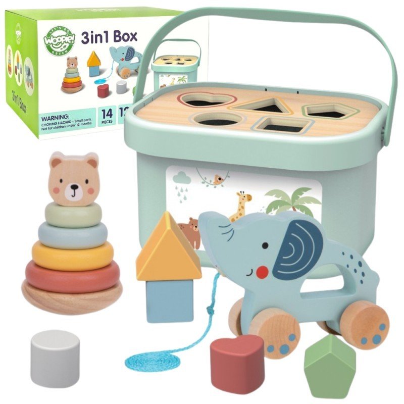 3. Woopie Let's Go Green 3in1 toy box set with sorting blocks, stackable pyramid, and elephant on wheels