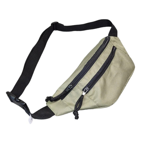 2. Studio image of Drinbags Classic Waist Bag in moss green showing front zippers and adjustable strap