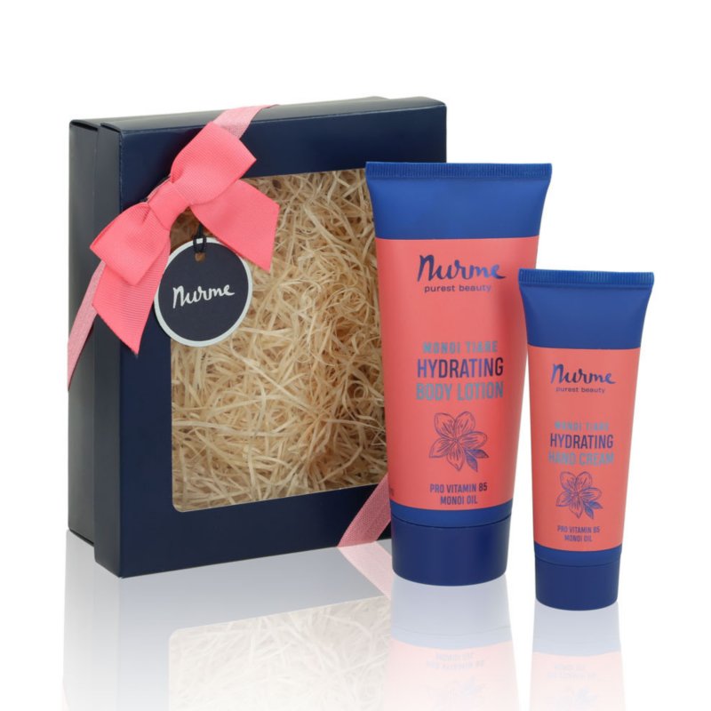 1. Nurme Monoi Body Care Gift Set with hydrating body lotion and hand cream, shown in elegant packaging with pink ribbon