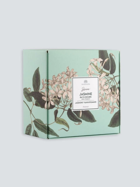 2. Studio image of Magrada Organic Cosmetics Divine Jasmine Bath Bomb set in floral packaging