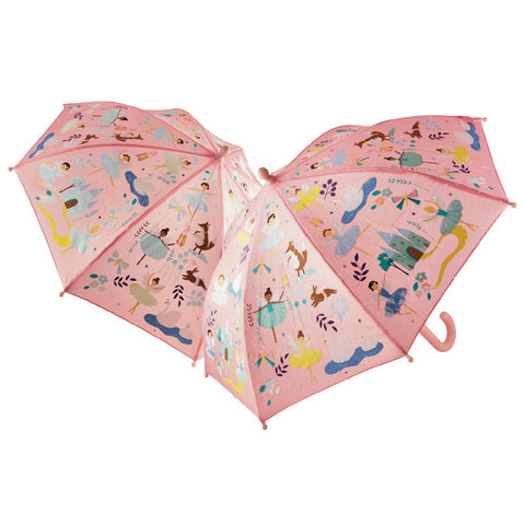 1. Children's pink color-changing umbrella with colorful underwater motifs and Velcro fastener, suitable for ages 3+, shown open with vibrant designs on a white background
