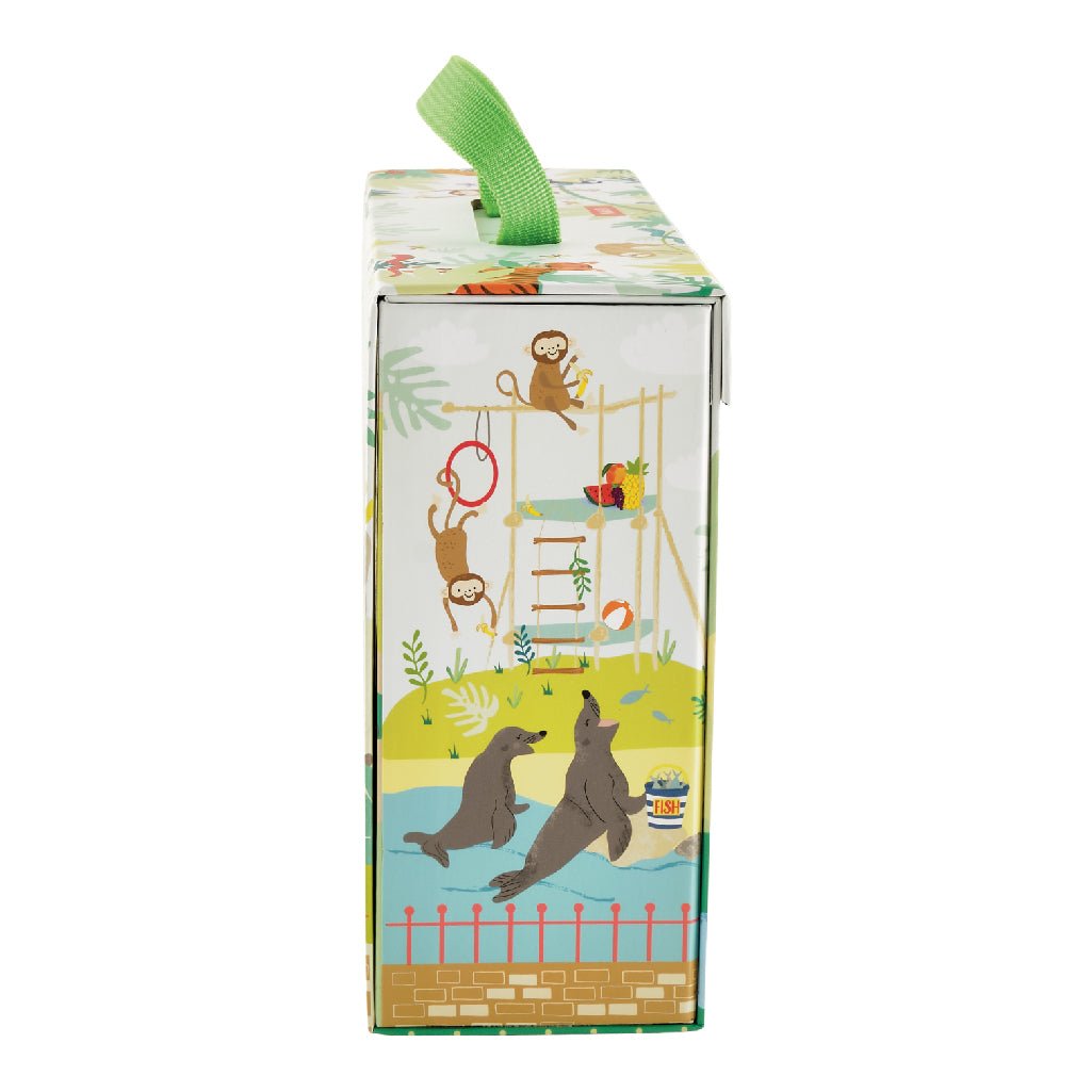 3. Side view of My Zoo playbox showing playful illustrations of monkeys and seals in a zoo setting