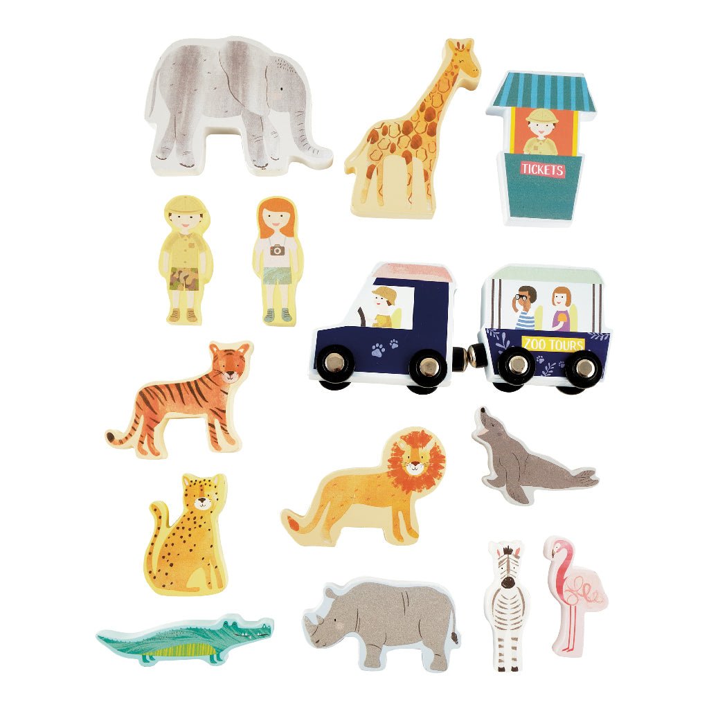 6. Collection of 15 wooden zoo-themed pieces including animals, characters, and a zoo tour vehicle
