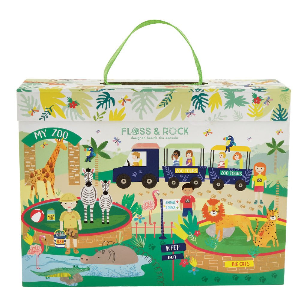 4. Back of My Zoo playbox with colorful zoo illustrations including giraffes, zebras, and a zoo tour train