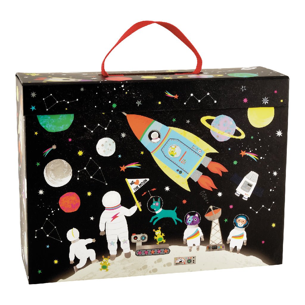 3. Space-themed playbox with colorful illustrations of astronauts, rockets, and planets, featuring a red carry handle