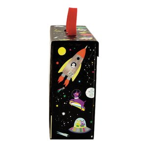 4. Side view of space-themed playbox with rocket and flying saucer illustrations, featuring a red carry handle