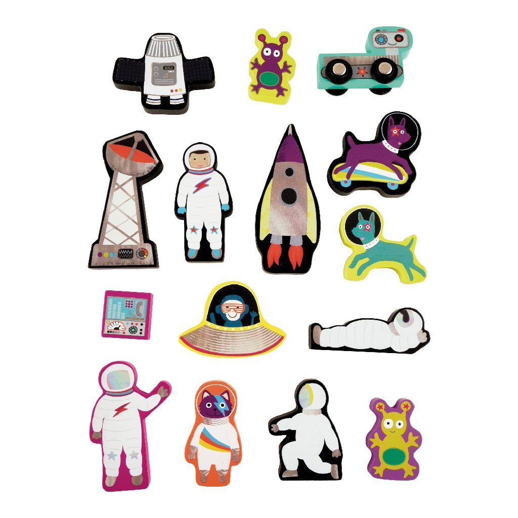 2. Collection of 15 double-sided wooden space-themed pieces including astronauts, rockets, aliens, and space vehicles