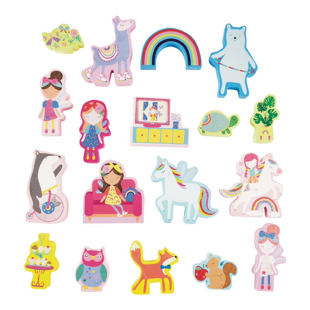 7. Set of 18 colorful wooden characters from Rainbow Fairy Playbox including unicorns and fairies