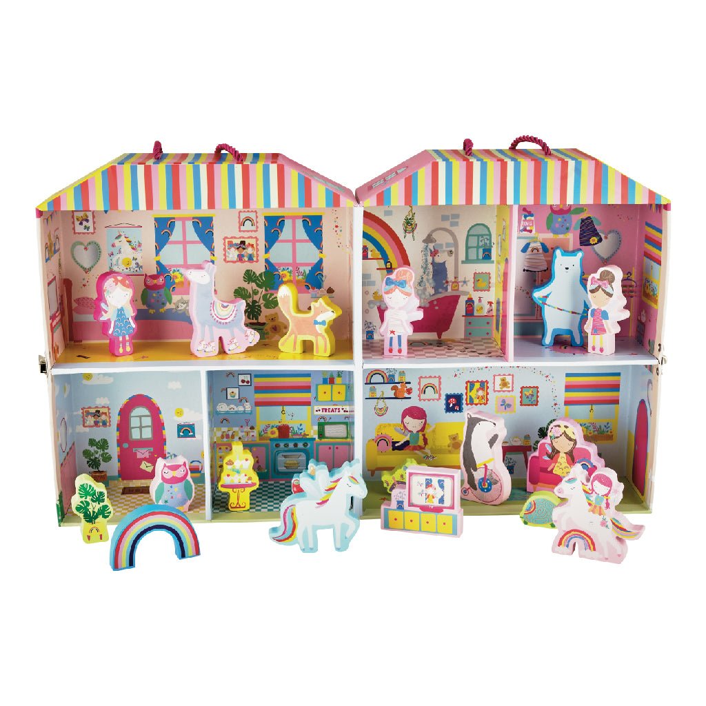 1. Rainbow Fairy Playbox open showing colorful rooms and wooden characters including unicorns and fairies